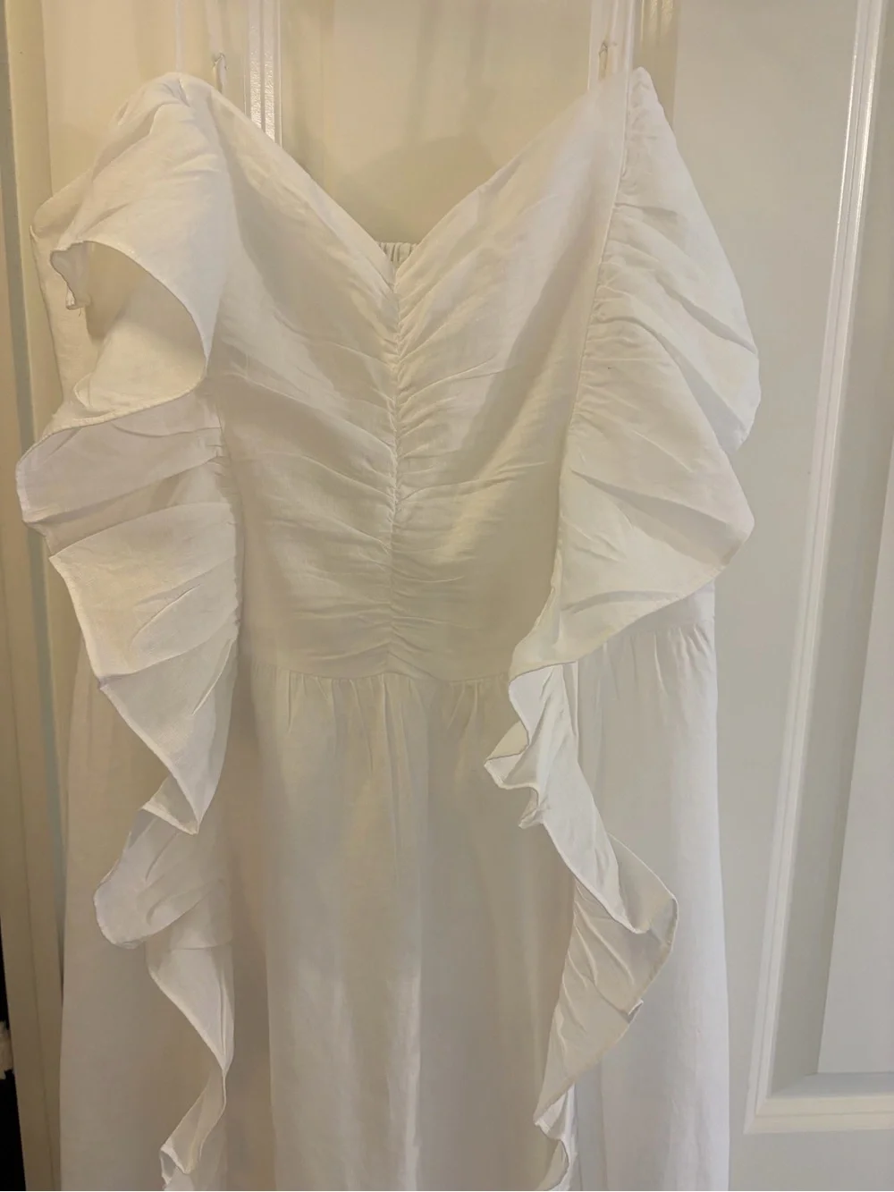 H&M White Ruffle Linen Blend Midi Dress with Spaghetti Straps - Picture 2 of 8